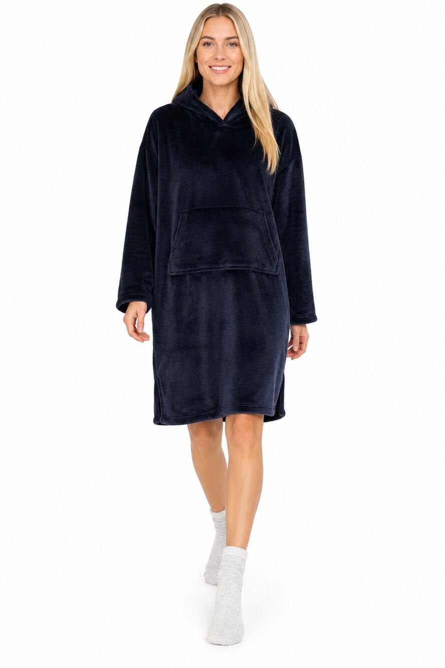 LRR289 32 Degrees Heat Navy Plush Hooded Lounger Sleep Dress Large Soft Cozy
